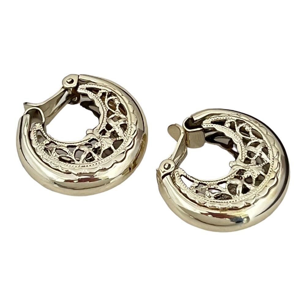 Vintage 1980s Hoop Clip Earrings Filigree Gold Tone - 4M